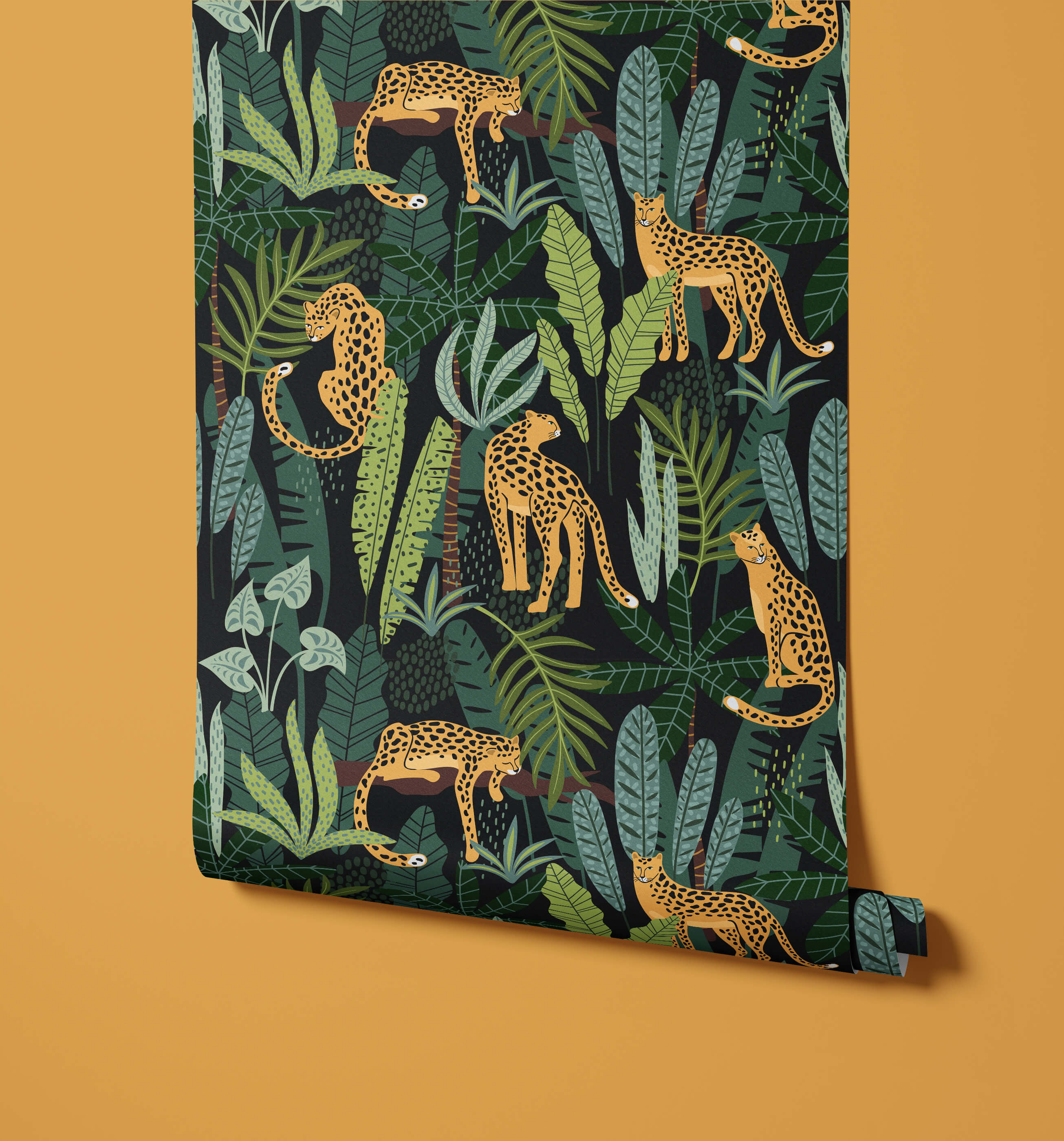 Porta jungle-themed wallpaper roll with golden-yellow cheetahs and lush green foliage on dark background
