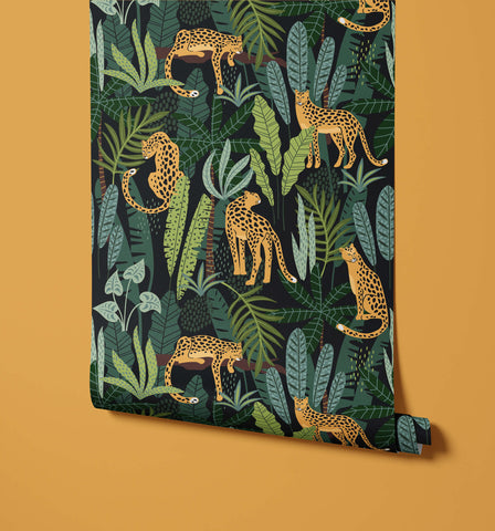 Porta jungle-themed wallpaper roll with golden-yellow cheetahs and lush green foliage on dark background