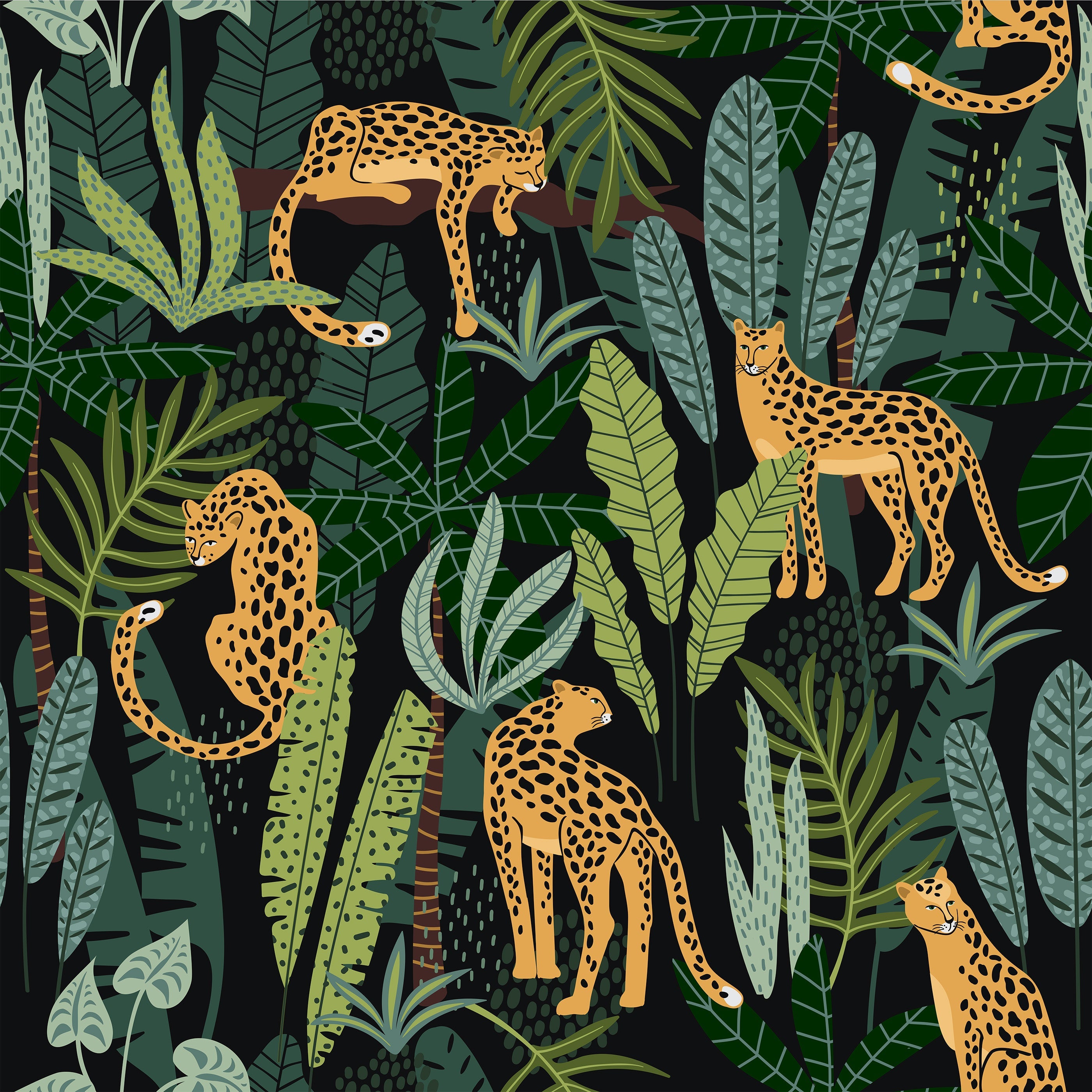 Vibrant orange cheetah print porta bag with black spots and lush green tropical foliage on a dark background