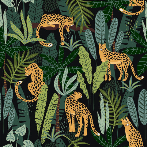 Vibrant orange cheetah print porta bag with black spots and lush green tropical foliage on a dark background