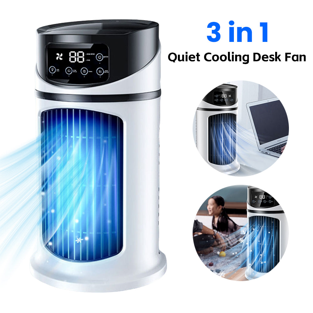 White and black 3-in-1 quiet cooling fan model with digital display portable air cooler for home office use