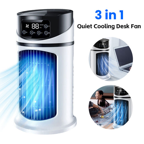 White and black 3-in-1 quiet cooling fan model with digital display portable air cooler for home office use