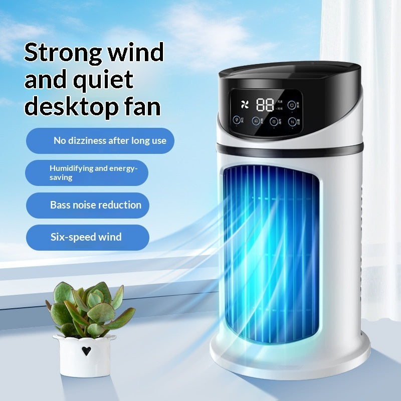 White and black digital display cooling fan with blue illuminated blades portable air cooler for home office use