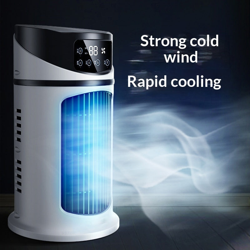 White and black tower style portable air cooler fan model with digital humidity display and blue illuminated cooling fan blades