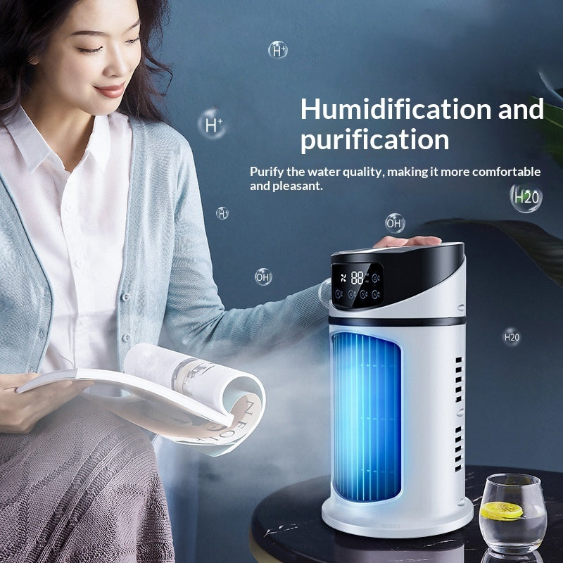 White and black cylindrical portable air cooler with blue lit digital controls cooling fan for home office use