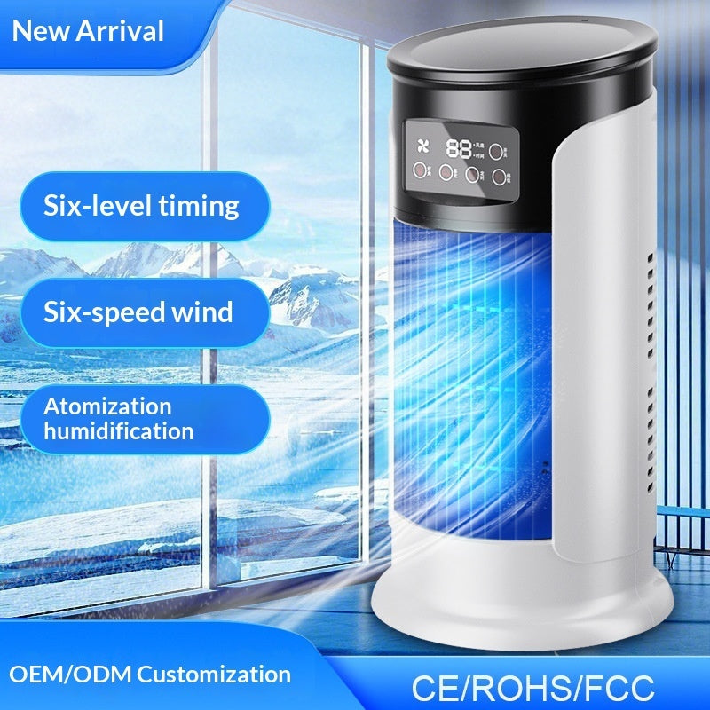 White and black tower-style portable air conditioner cooling fan with digital display for home and office use
