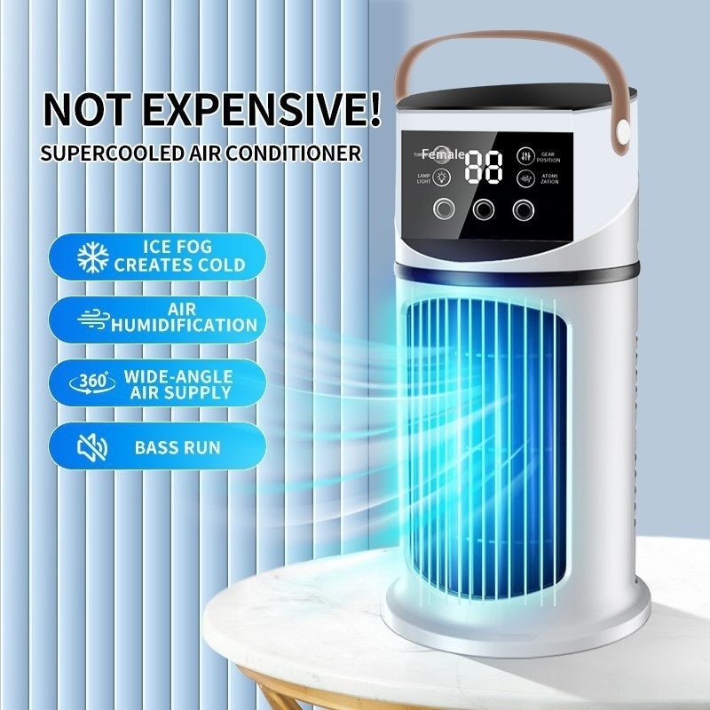 White and black portable air conditioner cooling fan with digital display handle and blue illuminated airflow for home office