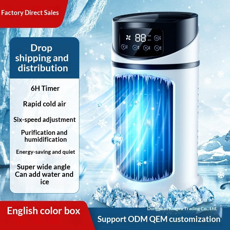 White and black portable air conditioner cooling fan with digital display 88 degrees and blue ice lighting effects