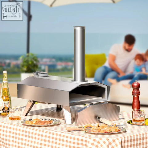 Portable outdoor stainless steel pizza oven with pizza stone and tall chimney for camping picnic use