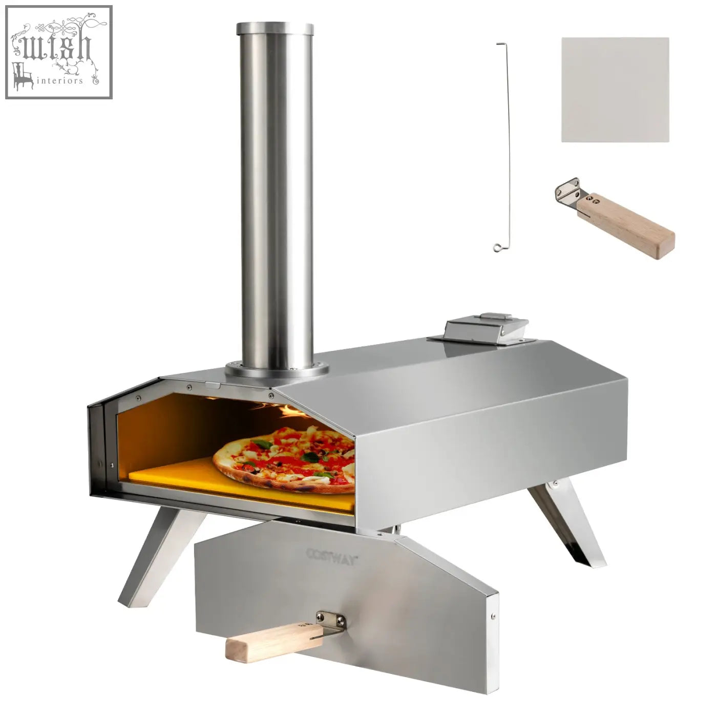 Stainless steel portable outdoor pizza oven with tall chimney and pizza stone showing golden brown pizza inside