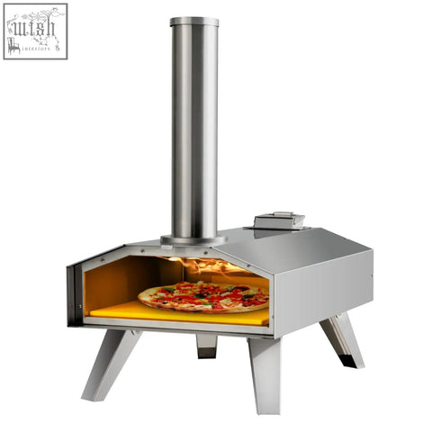 Portable outdoor stainless steel pizza oven with tall chimney and open door showing golden pizza on pizza stone