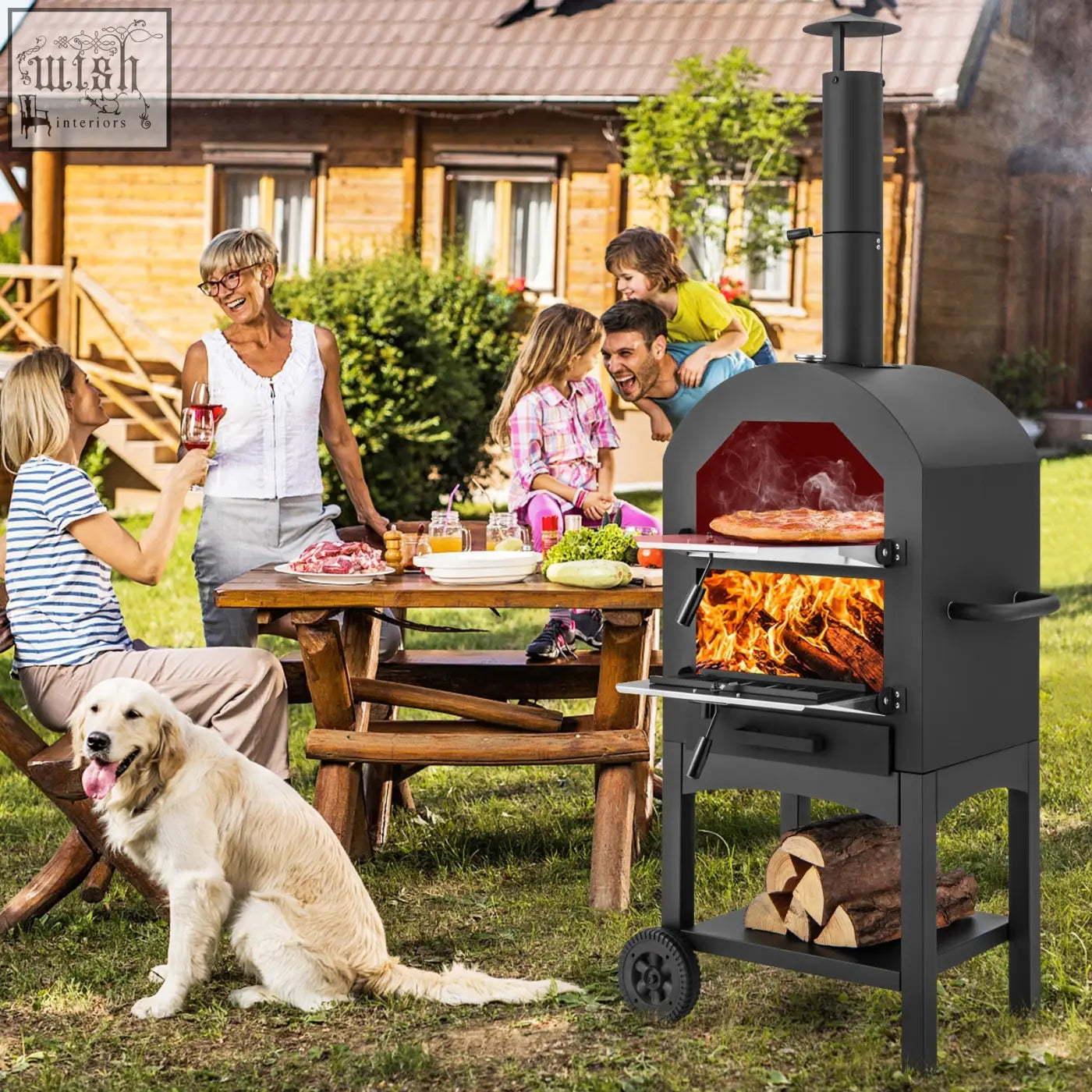 Black metal portable pizza oven with chimney firebox red interior cooking grids and pizza stone with ash collection drawer