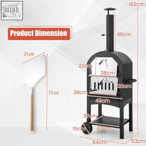 Black metal portable pizza oven with tall chimney wheeled base built-in thermometer ash drawer and stainless steel pizza peel