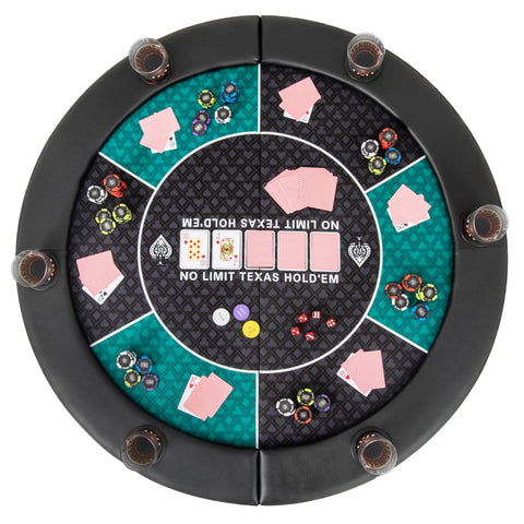 Portable round blackjack board game mat in green with black and teal poker table surface cup holders and carrying bag