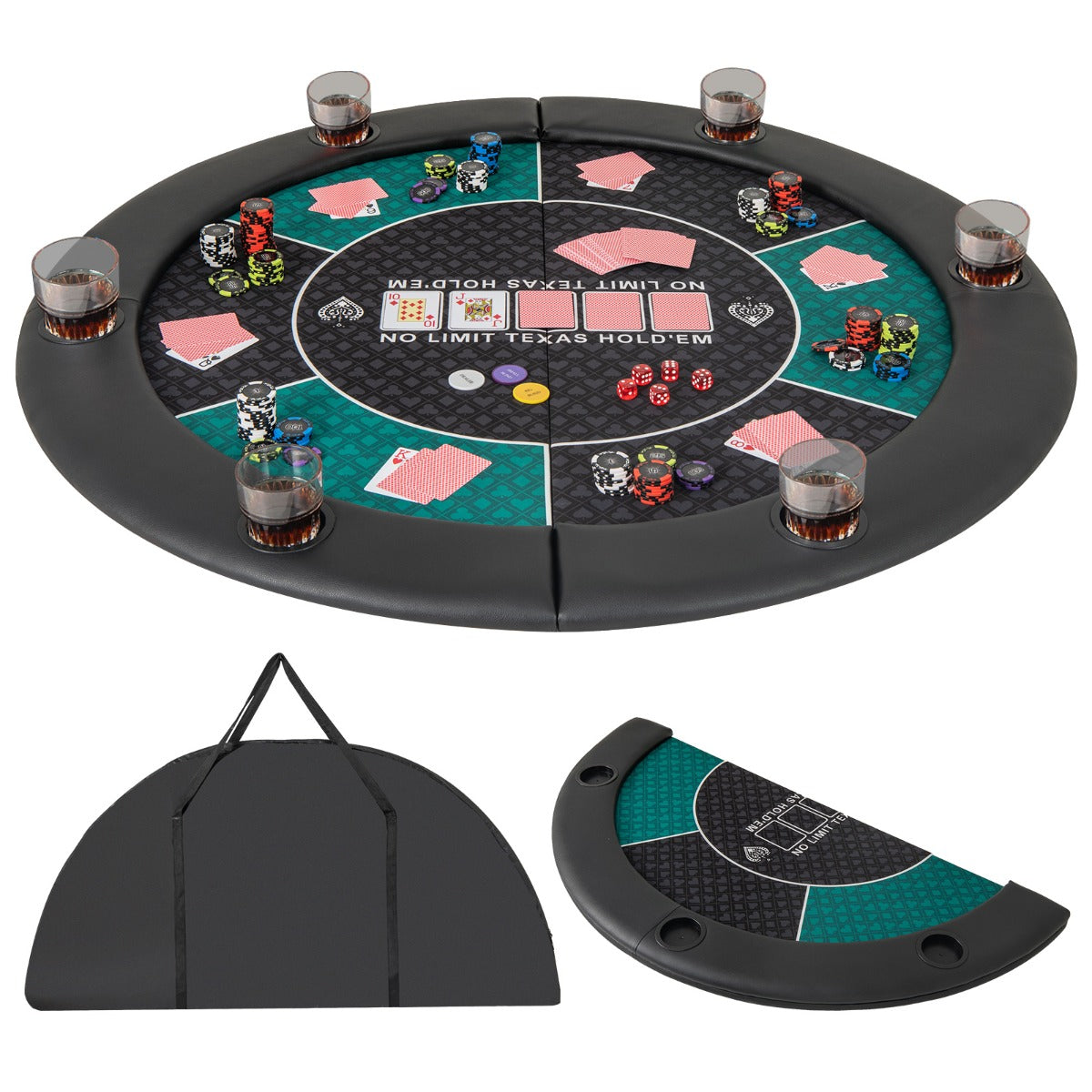 Black and teal foldable poker table with cup holders carrying bag playing cards and chips for texas holdem game