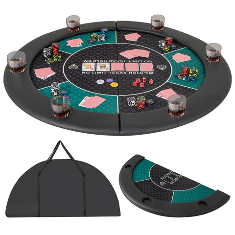 Black and teal foldable poker table with cup holders carrying bag playing cards and chips for texas holdem game