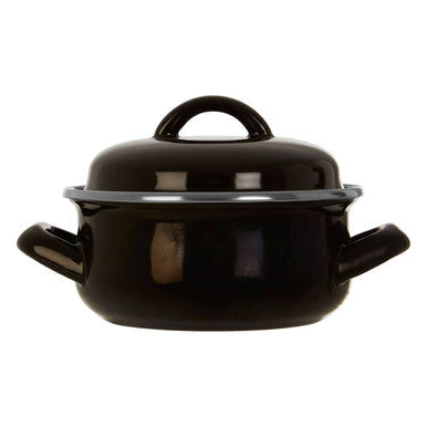 Porter black enamel 12cm casserole dish with matching lid silver rim and side handles in black enamel 12cm finish