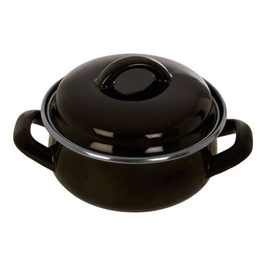 Porter black enamel 12cm casserole dish with matching lid and side handles in black enamel 12cm design