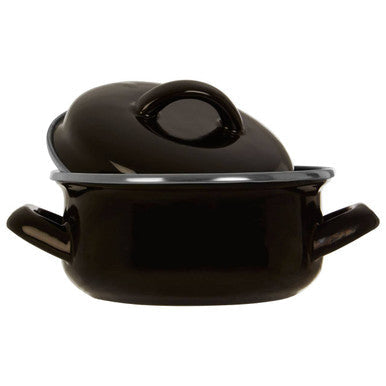 Porter black enamel 12cm casserole dish with matching lid and silver rim made from durable enamel cookware