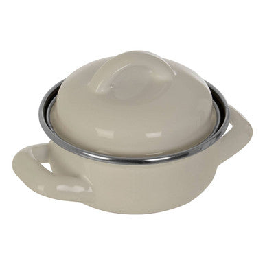 Cream-colored white enamel 10cm mini casserole dish with matching lid silver rim and two side handles by porter white enamel