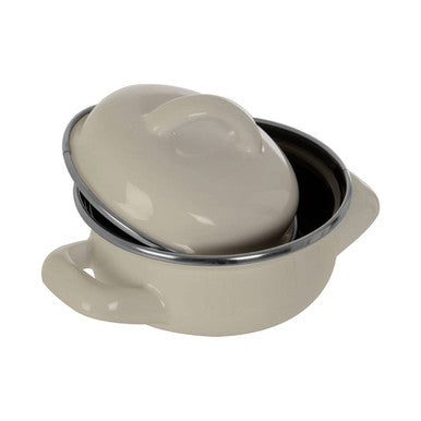 Cream-colored white enamel 10cm mini casserole with lid stainless steel rim and side handles by porter white enamel