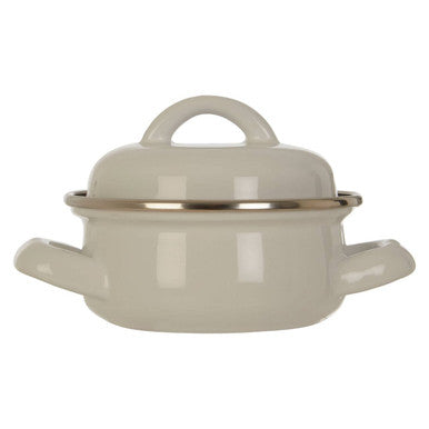 Cream-colored porter white enamel 10cm mini casserole dish with matching lid and metallic rim