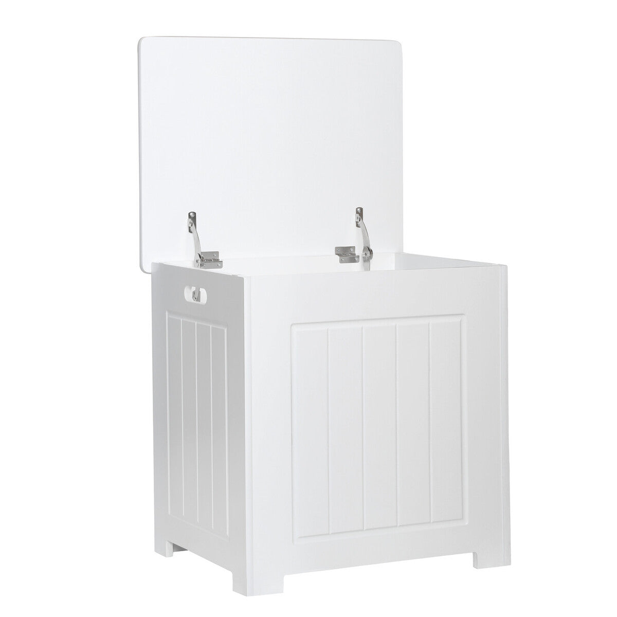 White wooden Portland storage chest bench with hinged lid and silver metal hinges for storage seating