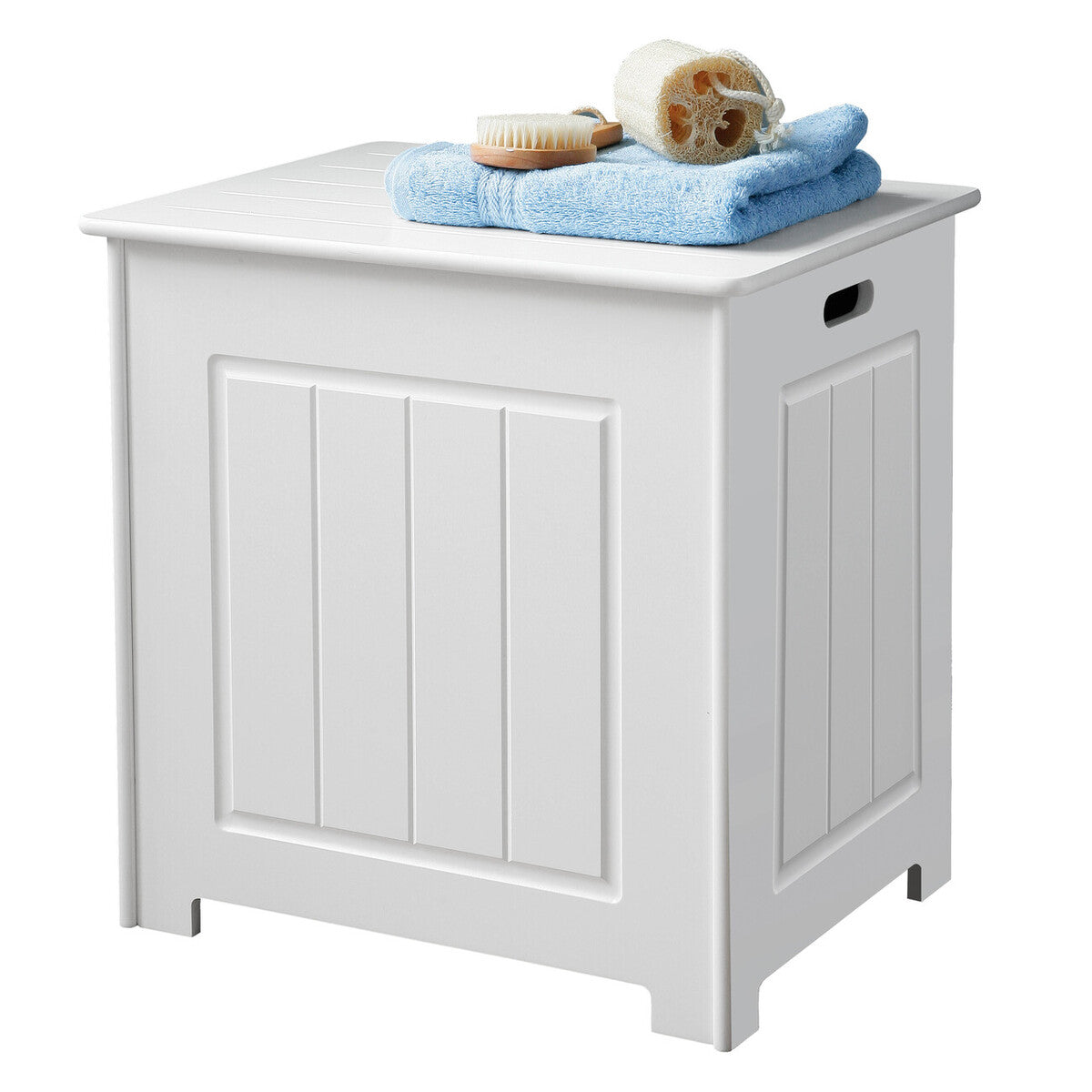 White wooden bathroom storage box with slatted top and vertical paneling called portland storage chest