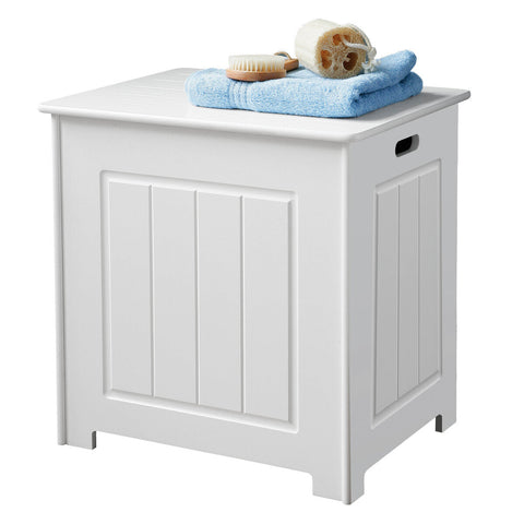 White wooden bathroom storage box with slatted top and vertical paneling called portland storage chest