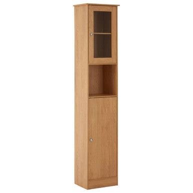 Light oak wooden tall cabinet with glass upper door and solid lower door made from oak veneer for stylish storage
