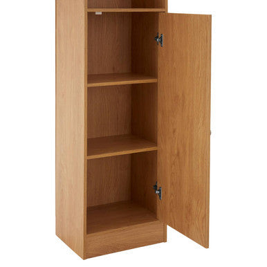 Light oak wooden portland tall oak veneer cabinet with single door and three adjustable shelves for storage