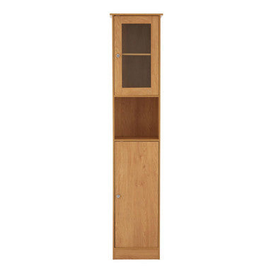 Light oak wooden tall cabinet with glass-paneled upper door and solid lower door made from oak veneer