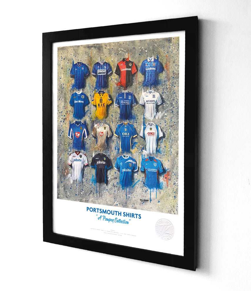 Framed print of portsmouth fc iconic shirts arranged in rows on a textured spray-painted background wall art