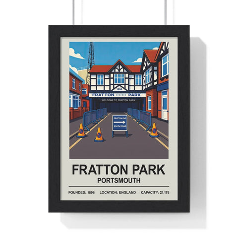 Black-framed poster print of fratton park portsmouth stadium with vintage entrance illustration and key stadium info