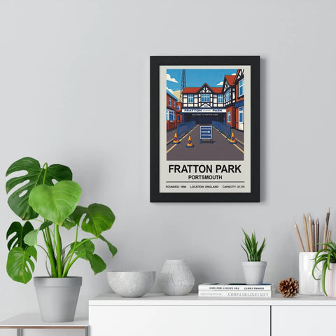 Black-framed poster featuring colorful illustration of fratton park portsmouth stadium in england print design