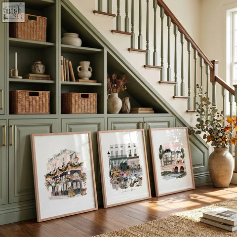 Three poster art london prints with pastel european street scenes and floral details leaning on a green cabinet