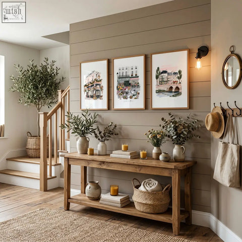 Rustic wooden console table with two shelves holding vases candles books and basket below poster art london floral city scene set of 3