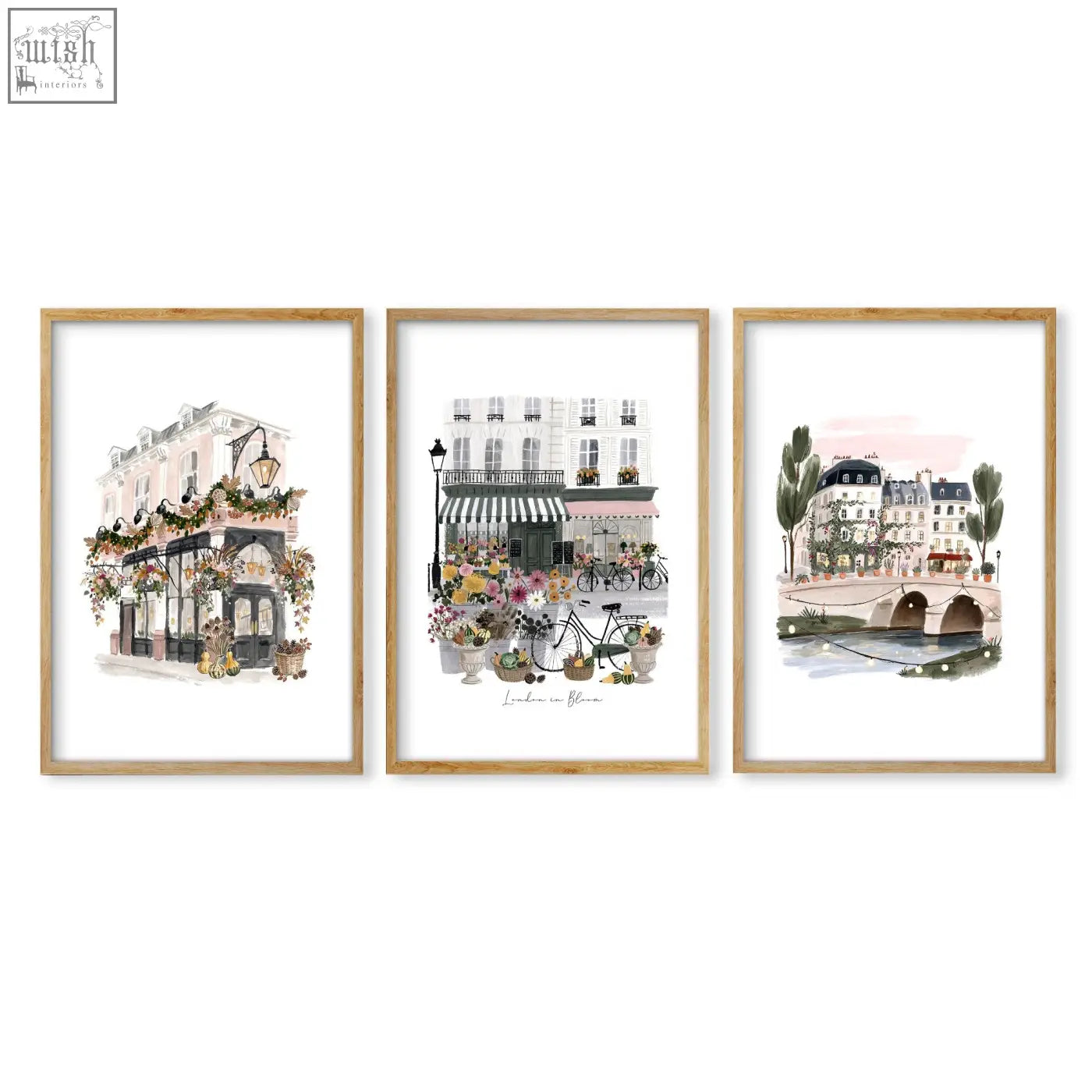 Set of three poster art london framed pastel parisian street scene prints in light wood frames for wall decor