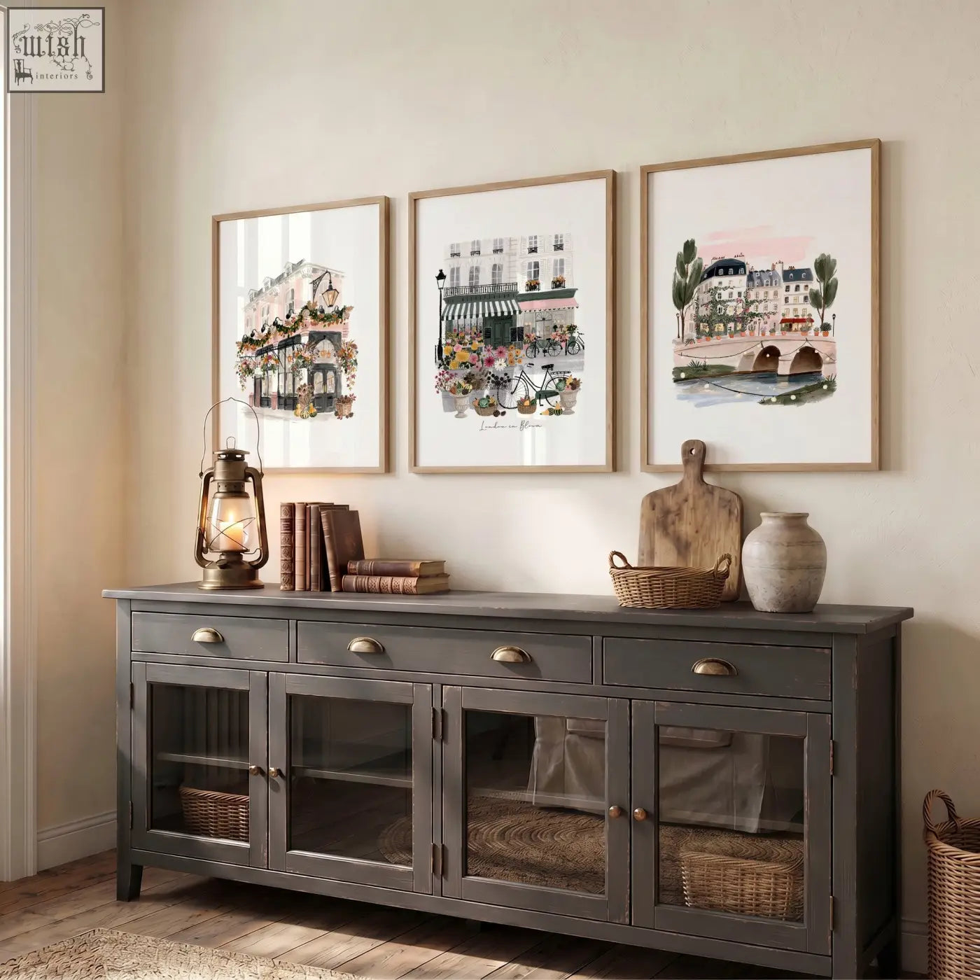 Dark gray wooden sideboard with glass-fronted cabinets and brass handles featured in poster art london floral city scene print set