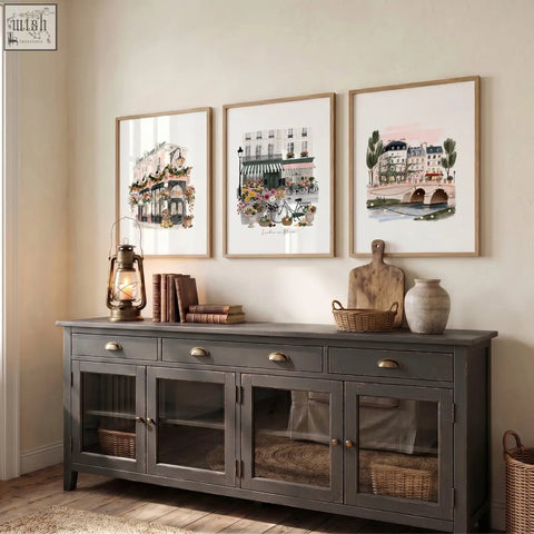 Dark gray wooden sideboard with glass-fronted cabinets and brass handles featured in poster art london floral city scene print set