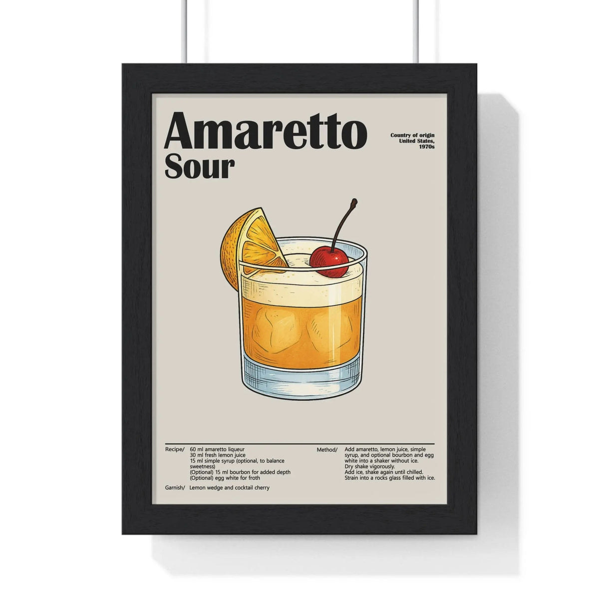 Amaretto Sour Cocktail Poster – Classic Bar Drink Wall Art – Framed or Unframed