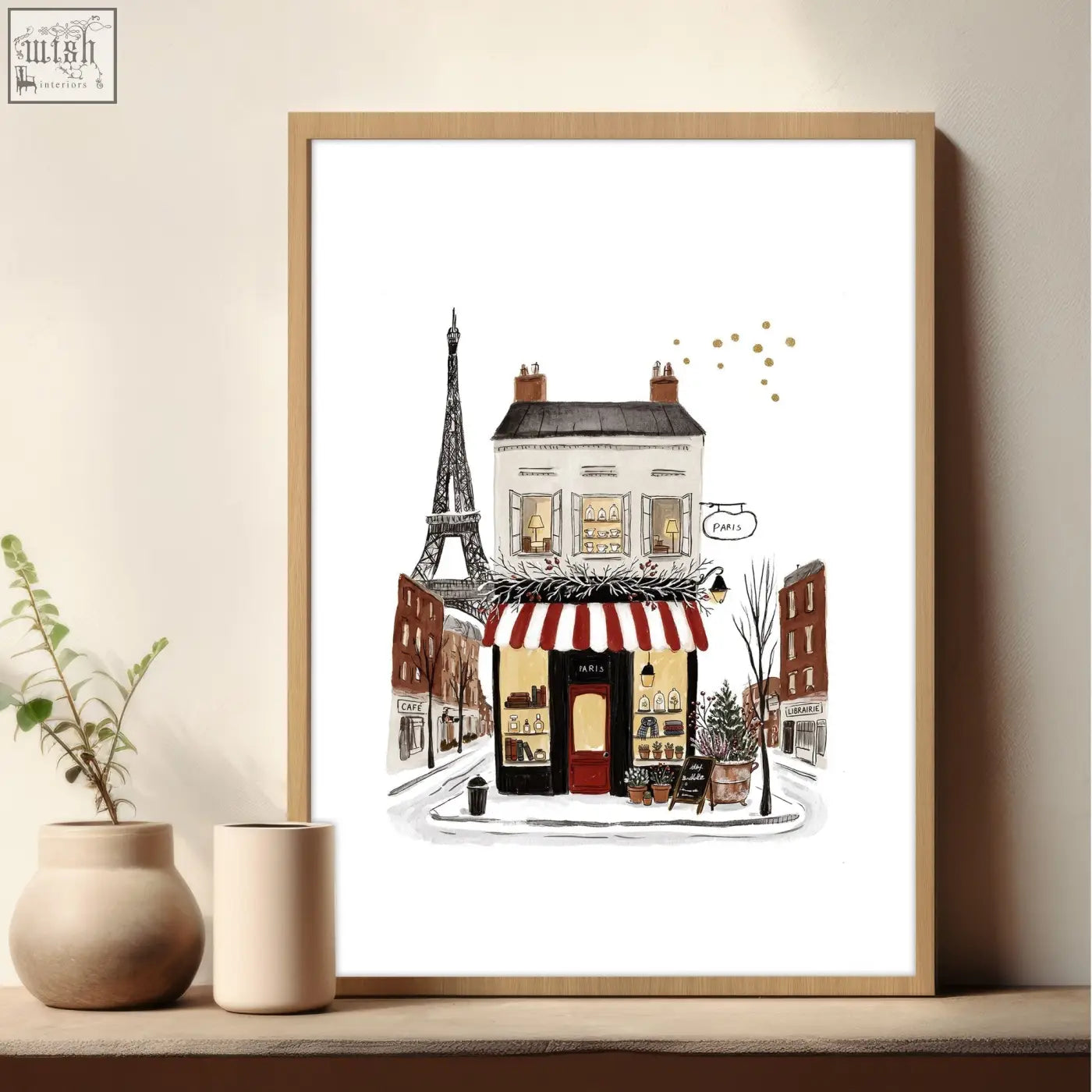 A framed light wood wall art featuring a paris street scene with eiffel tower from pour toujours set of 3 posters