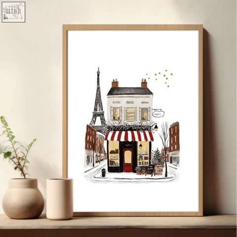 A framed light wood wall art featuring a paris street scene with eiffel tower from pour toujours set of 3 posters