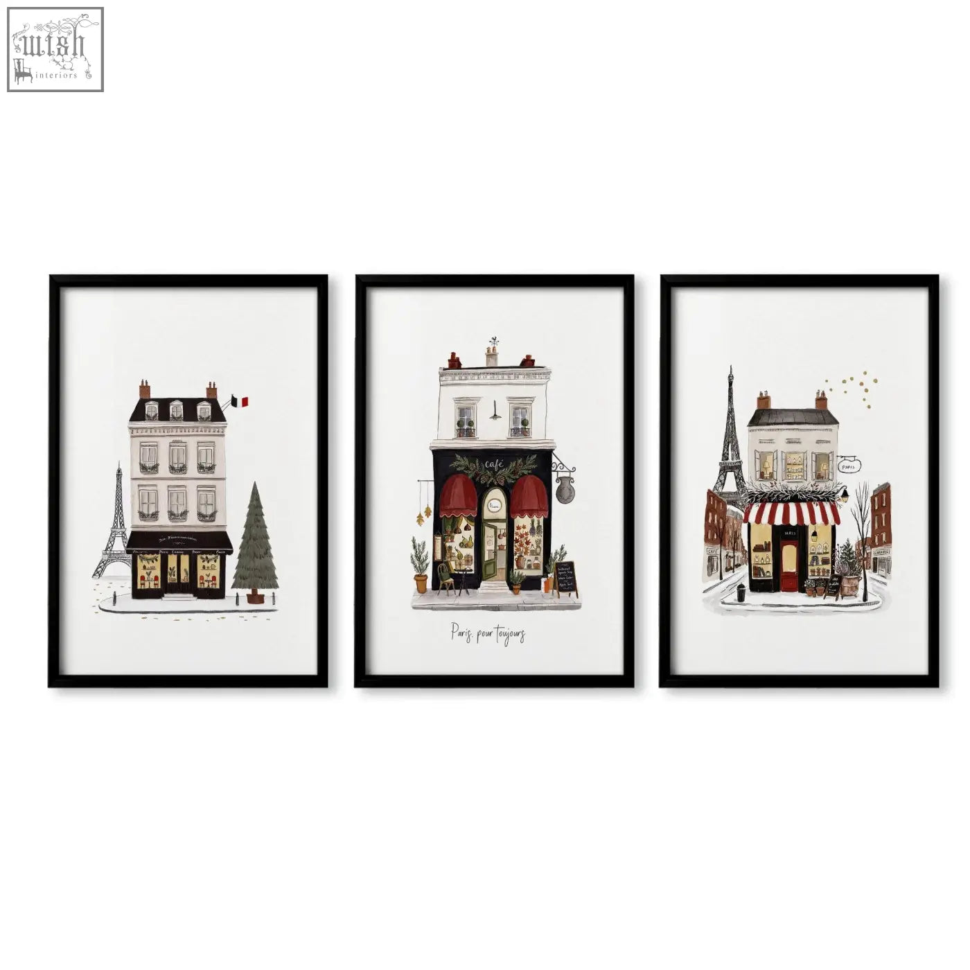 Set of three framed parisian street scenes wall art in black frames perfect for bedroom decor titled pour toujours