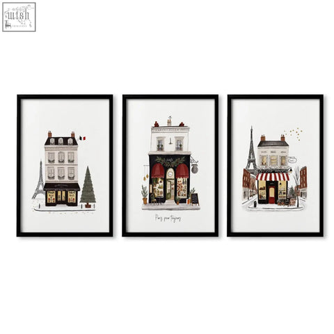 Set of three framed parisian street scenes wall art in black frames perfect for bedroom decor titled pour toujours