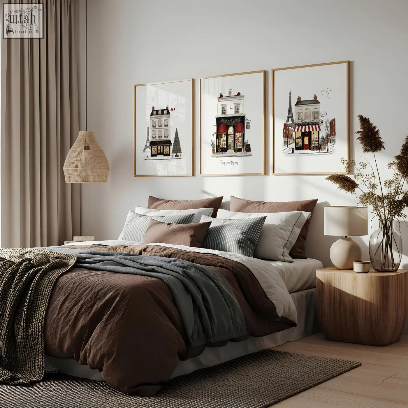 Three framed paris boutique street scenes posters pour toujours wall art hanging above a bed