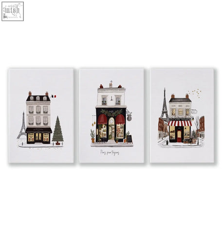 Set of three parisian-themed canvas wall art featuring charming storefront street scenes and the eiffel tower pour toujours