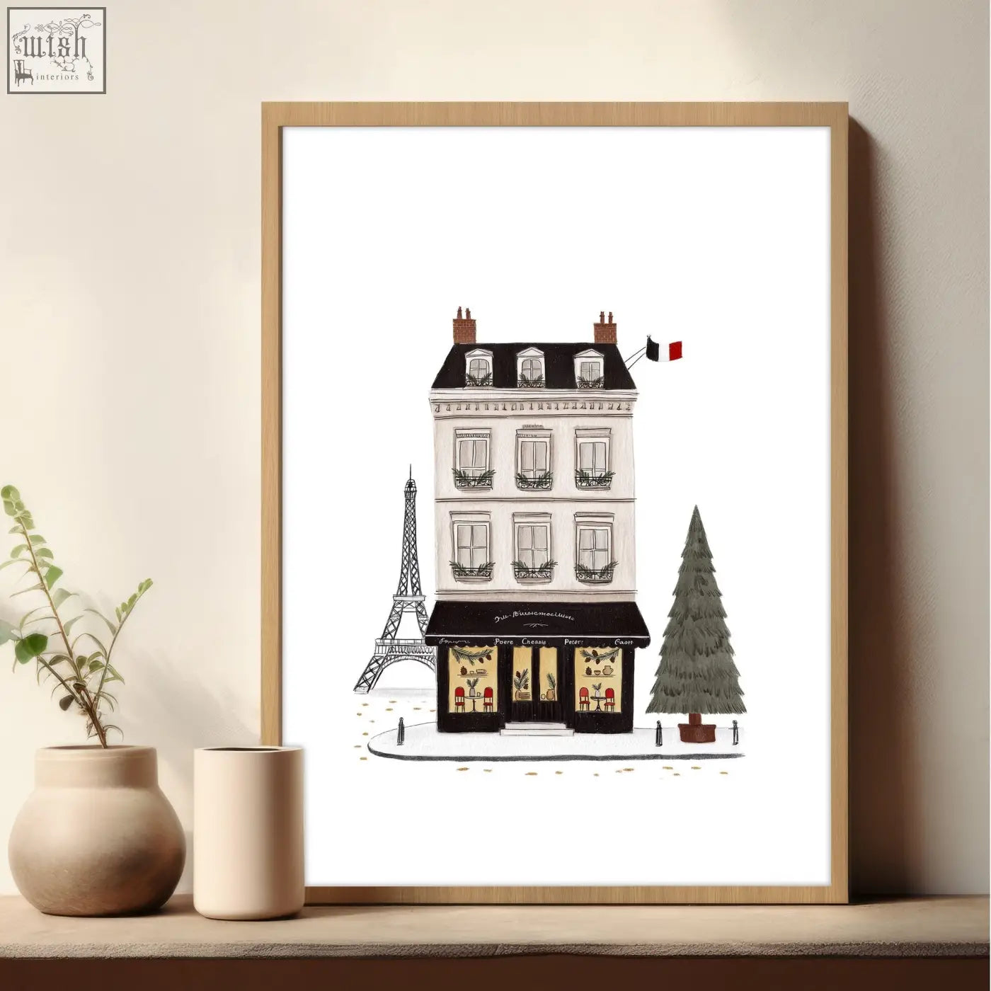 A framed black and white parisian café illustration with eiffel tower background street scenes wall art pour toujours
