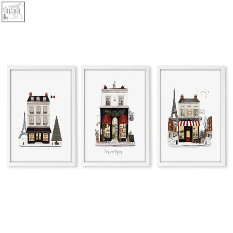 Set of three white framed parisian street scenes illustrations wall art titled paris pour toujours for bedroom decor