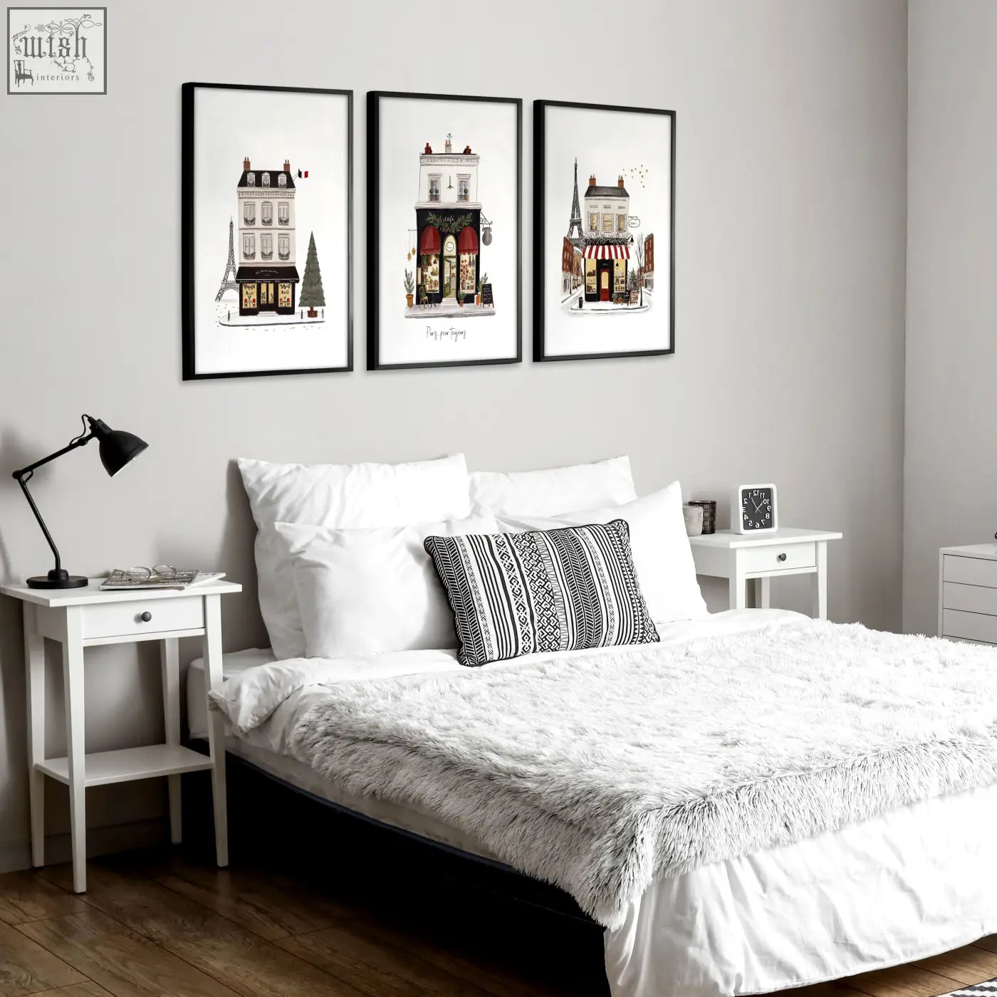Black-framed parisian-themed wall art set featuring red awnings eiffel tower street scenes pour toujours design